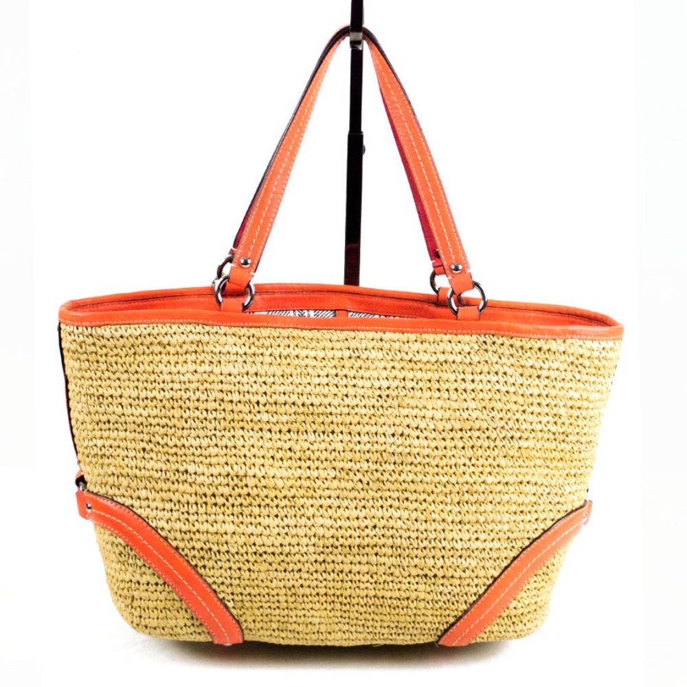 Coach Straw Natural & Tangerine Leather Shopper Pocket Tote Bag - Picture 8 of 15